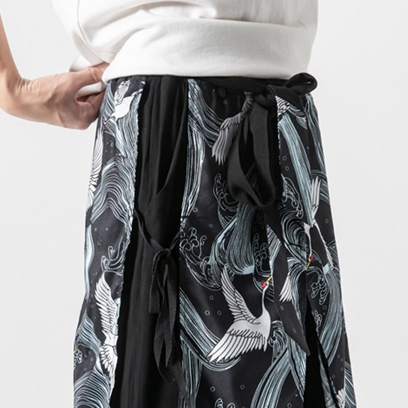 Nimara Ritual Summer Flying Crane Design Cotton Men's Wide Leg Pants With Pockets