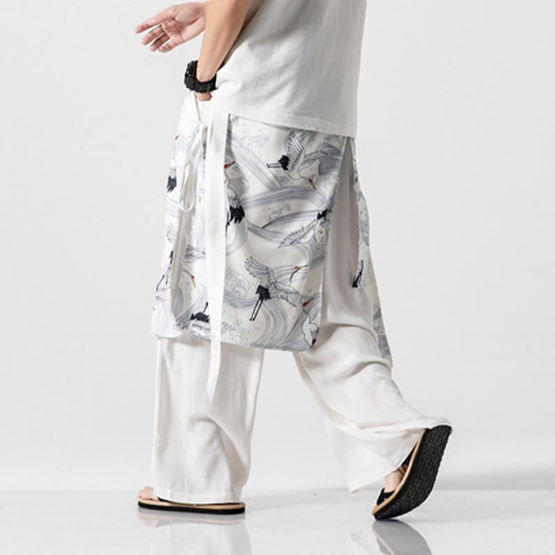 Nimara Ritual Summer Flying Crane Design Cotton Men's Wide Leg Pants With Pockets