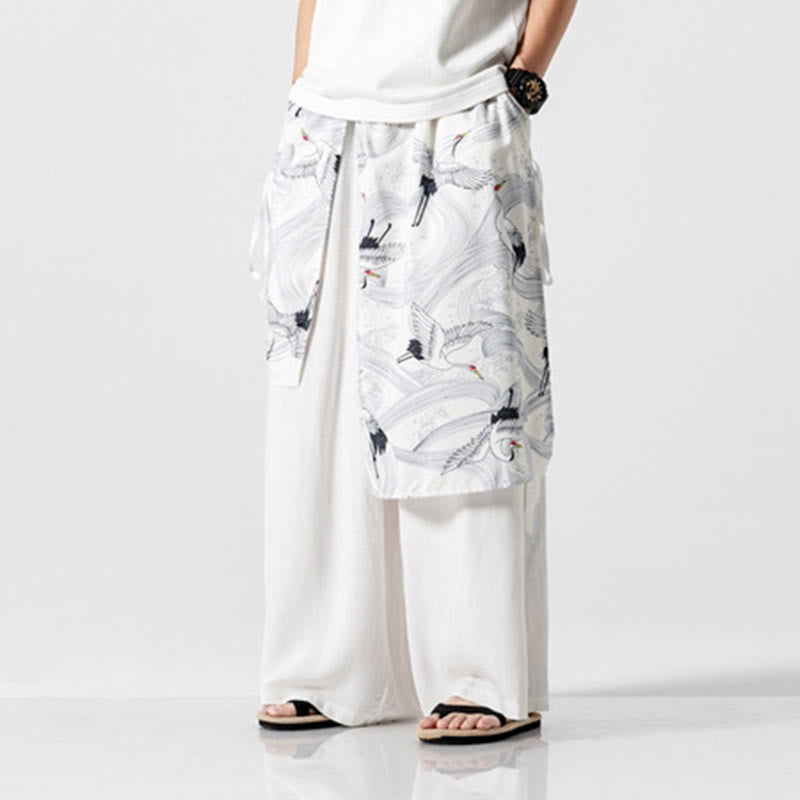 Nimara Ritual Summer Flying Crane Design Cotton Men's Wide Leg Pants With Pockets