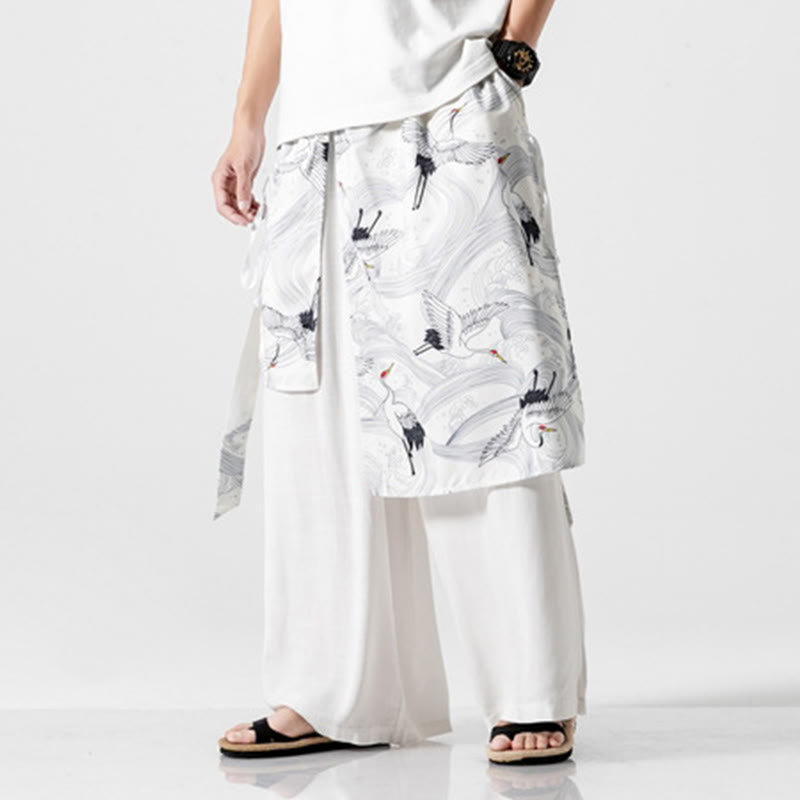 Nimara Ritual Summer Flying Crane Design Cotton Men's Wide Leg Pants With Pockets