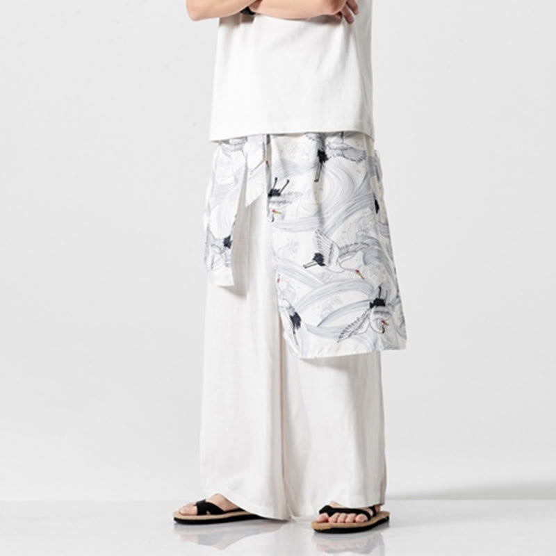 Nimara Ritual Summer Flying Crane Design Cotton Men's Wide Leg Pants With Pockets