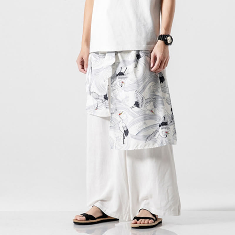 Nimara Ritual Summer Flying Crane Design Cotton Men's Wide Leg Pants With Pockets
