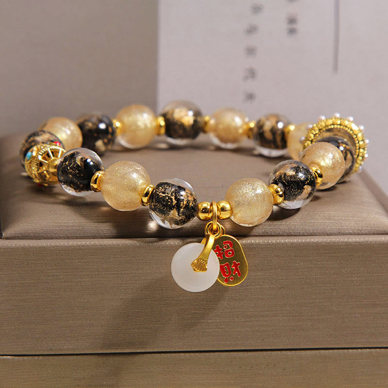 Nimara Ritual Black Gold Liuli Glass Bead Attracts Wealth Peace Buckle Blessing Bracelet