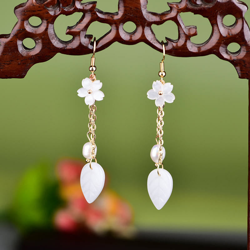 Nimara Ritual Pearl White Flower Leaves Happiness Drop Earrings
