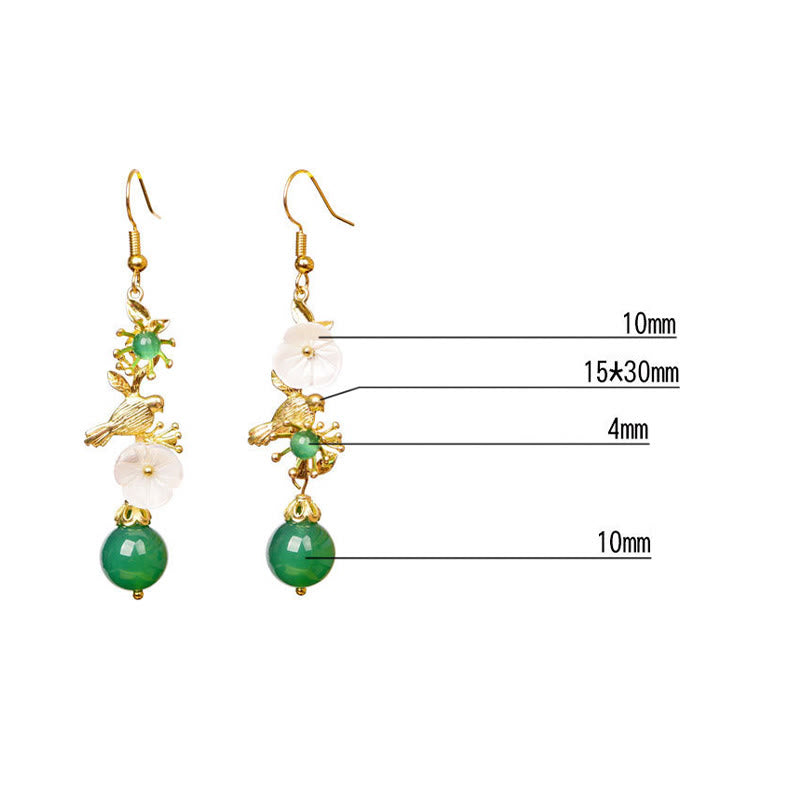 Nimara Ritual Green Agate Bead White Flower Bird Power Drop Earrings