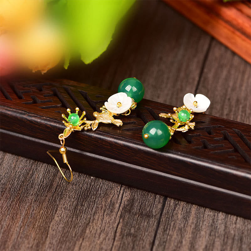 Nimara Ritual Green Agate Bead White Flower Bird Power Drop Earrings