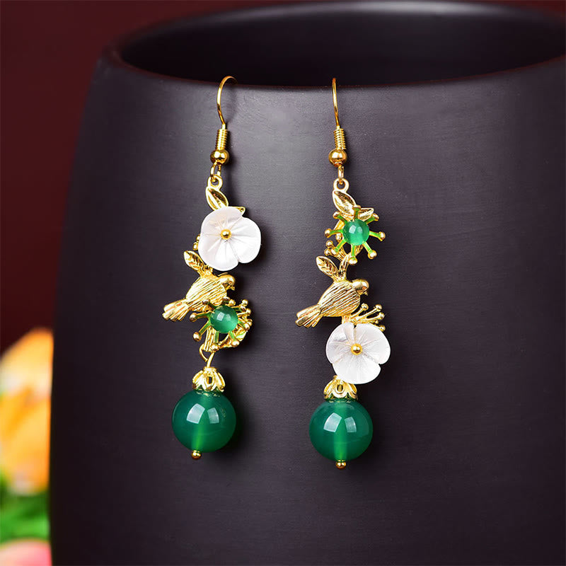 Nimara Ritual Green Agate Bead White Flower Bird Power Drop Earrings