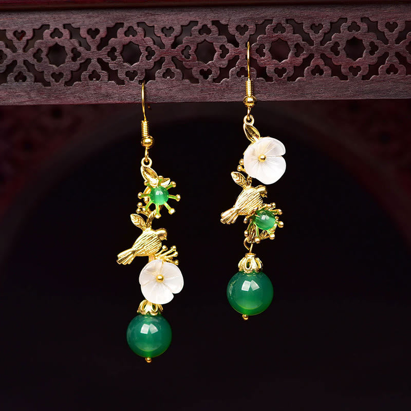 Nimara Ritual Green Agate Bead White Flower Bird Power Drop Earrings