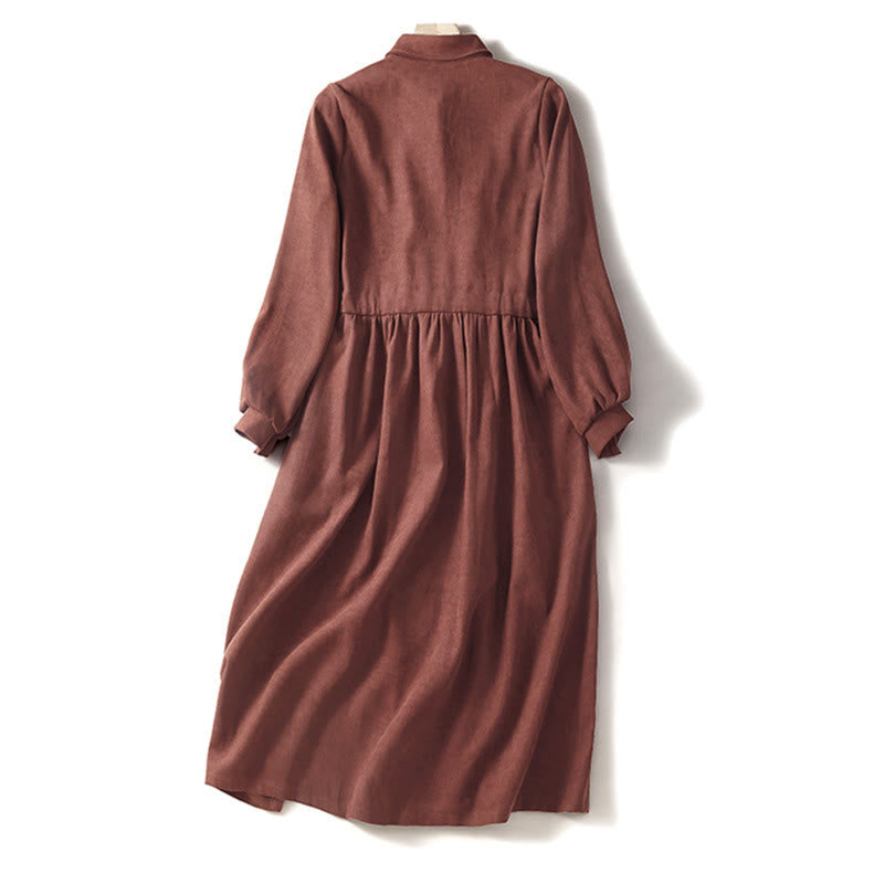 Nimara Ritual Fall Solid Color Buttons Down Lace-up Design Long Sleeve Midi Dress With Pockets