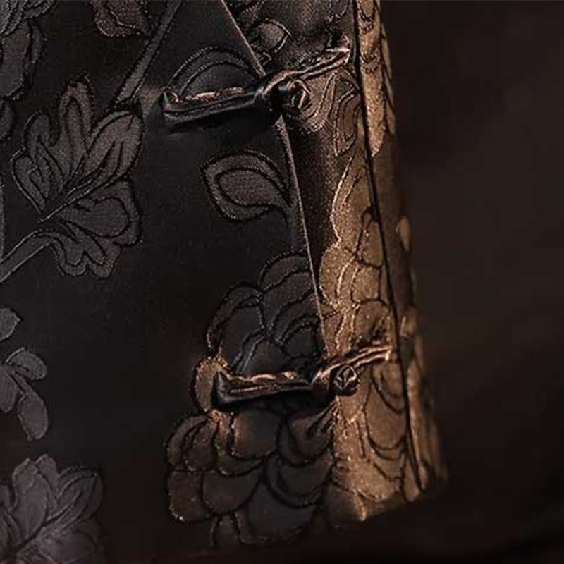 Nimara Ritual Black Peony Flowers Frog-Button Pattern Cotton Women's Sleeveless Vest Waistcoat