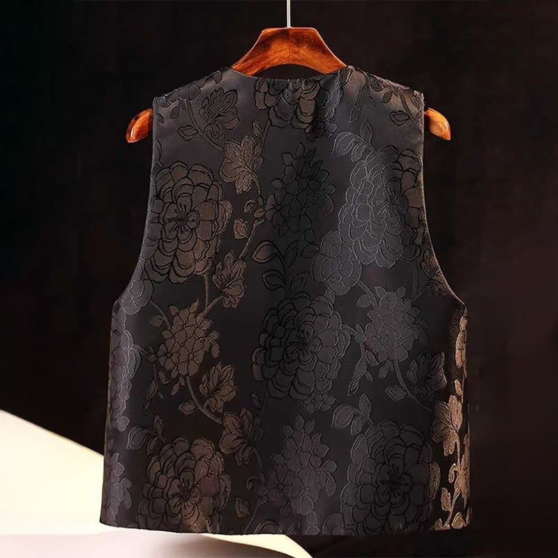 Nimara Ritual Black Peony Flowers Frog-Button Pattern Cotton Women's Sleeveless Vest Waistcoat