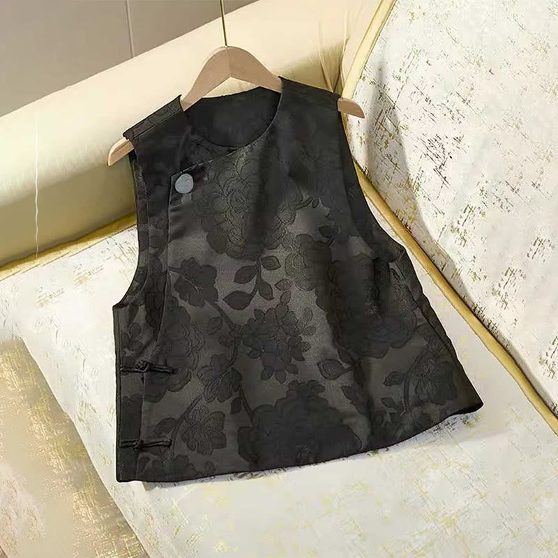 Nimara Ritual Black Peony Flowers Frog-Button Pattern Cotton Women's Sleeveless Vest Waistcoat