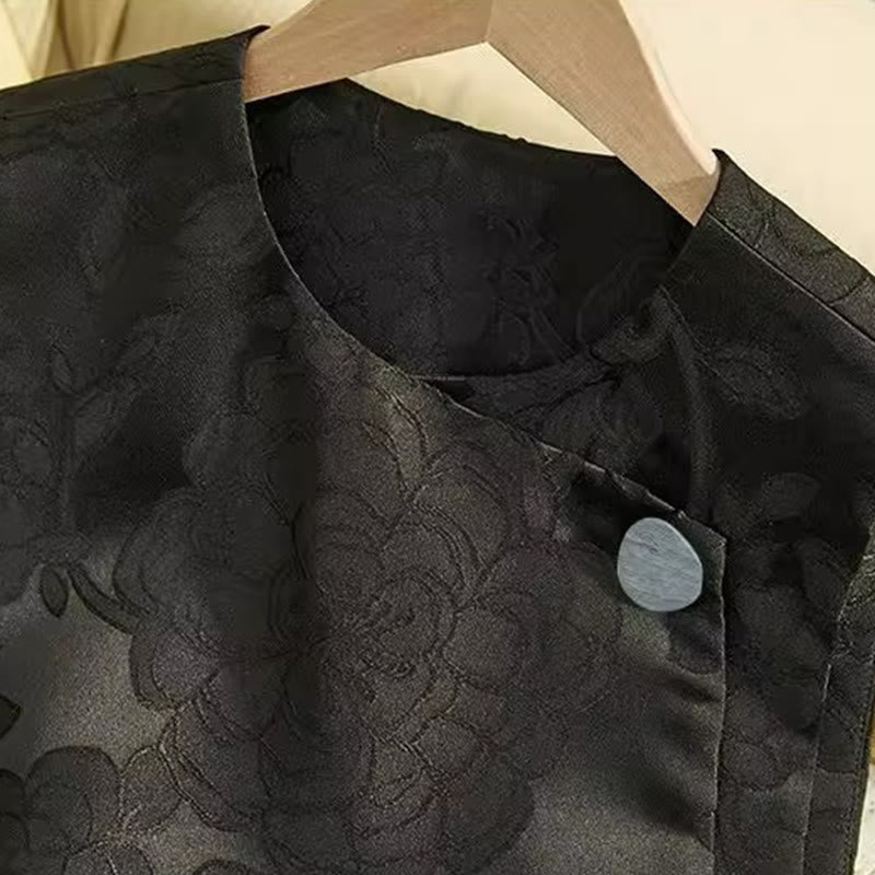 Nimara Ritual Black Peony Flowers Frog-Button Pattern Cotton Women's Sleeveless Vest Waistcoat