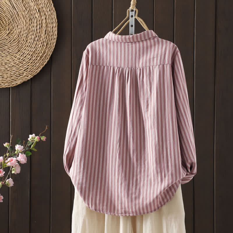 Nimara Ritual Spring Vertical Stripes Long Sleeve Decorative Pocket Women's Cotton Buttons Shirt