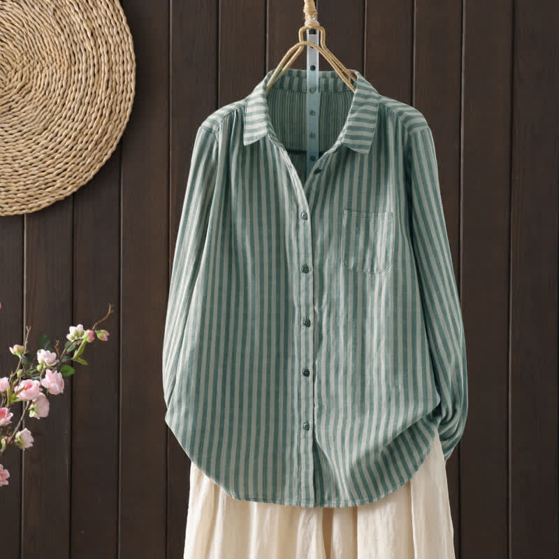 Nimara Ritual Spring Vertical Stripes Long Sleeve Decorative Pocket Women's Cotton Buttons Shirt