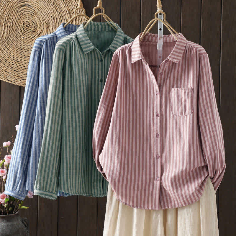 Nimara Ritual Spring Vertical Stripes Long Sleeve Decorative Pocket Women's Cotton Buttons Shirt