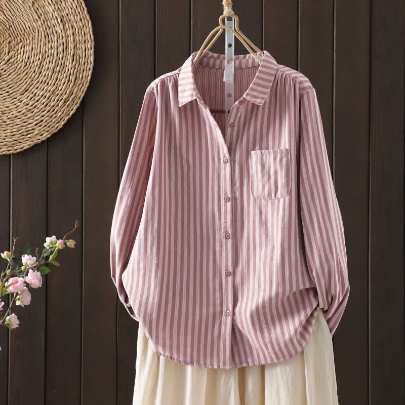 Nimara Ritual Spring Vertical Stripes Long Sleeve Decorative Pocket Women's Cotton Buttons Shirt