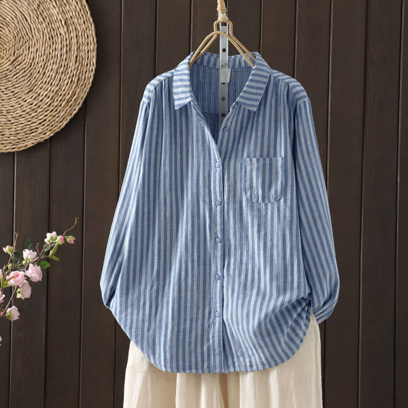 Nimara Ritual Spring Vertical Stripes Long Sleeve Decorative Pocket Women's Cotton Buttons Shirt