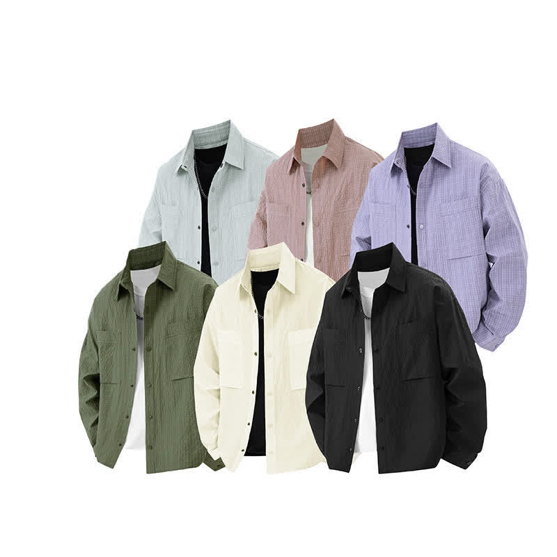 Nimara Ritual Spring Solid Color Textured Long Sleeve Button Men's Lapel Shirts With Pocket