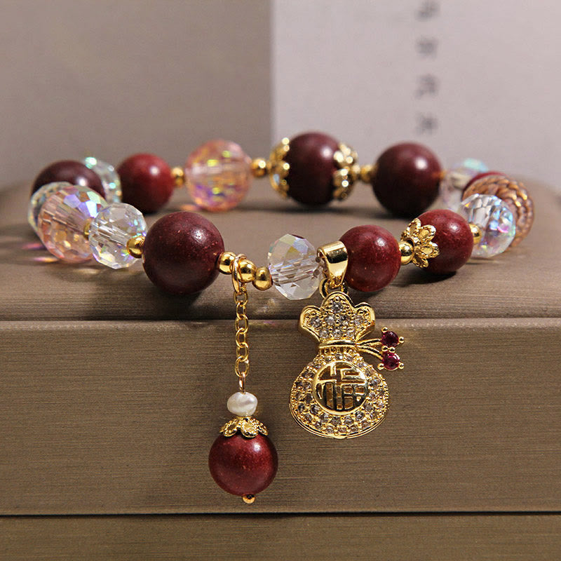 Nimara Ritual Sandalwood Fu Character Lucky Fortune Money Bag Charm Protection Bracelet
