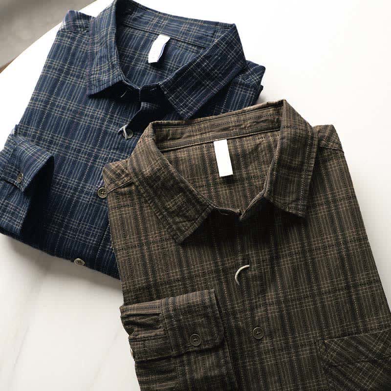 Nimara Ritual Fall Commute Embroidery Plaid Pattern Men's Cotton Long Sleeve Shirts With Pocket