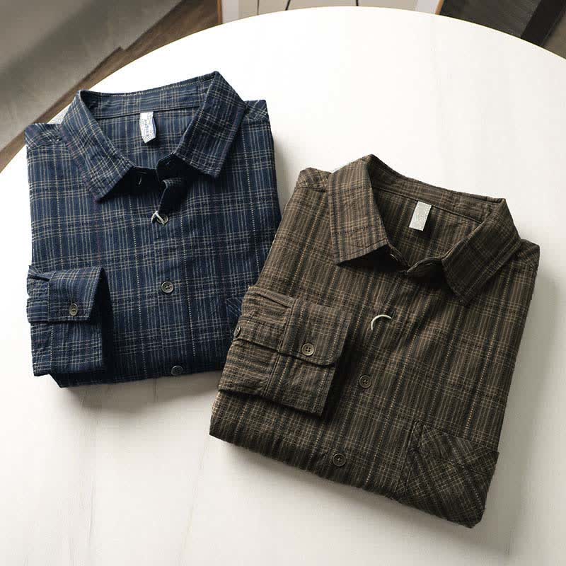 Nimara Ritual Fall Commute Embroidery Plaid Pattern Men's Cotton Long Sleeve Shirts With Pocket
