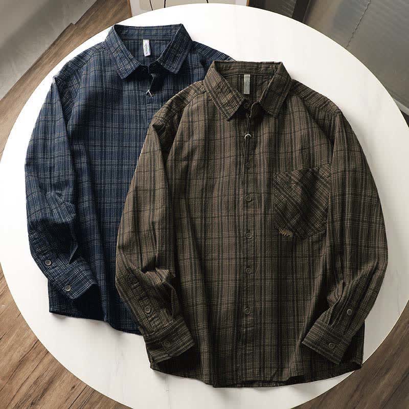 Nimara Ritual Fall Commute Embroidery Plaid Pattern Men's Cotton Long Sleeve Shirts With Pocket