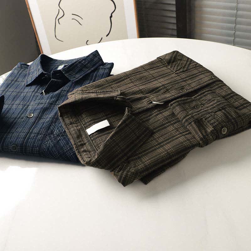Nimara Ritual Fall Commute Embroidery Plaid Pattern Men's Cotton Long Sleeve Shirts With Pocket