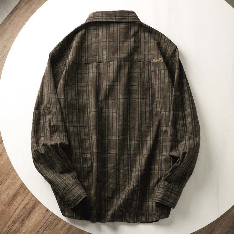 Nimara Ritual Fall Commute Embroidery Plaid Pattern Men's Cotton Long Sleeve Shirts With Pocket