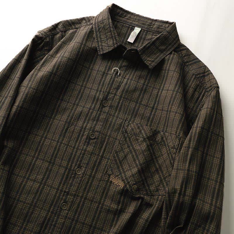 Nimara Ritual Fall Commute Embroidery Plaid Pattern Men's Cotton Long Sleeve Shirts With Pocket