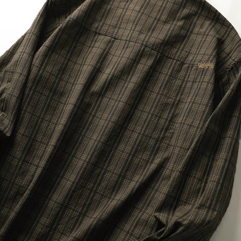 Nimara Ritual Fall Commute Embroidery Plaid Pattern Men's Cotton Long Sleeve Shirts With Pocket