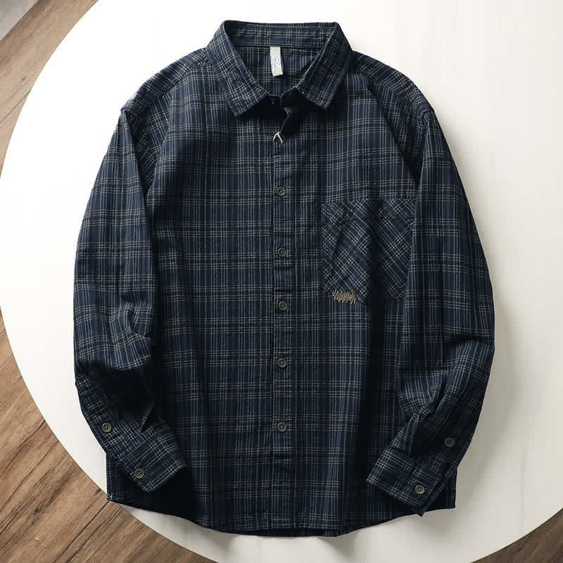 Nimara Ritual Fall Commute Embroidery Plaid Pattern Men's Cotton Long Sleeve Shirts With Pocket