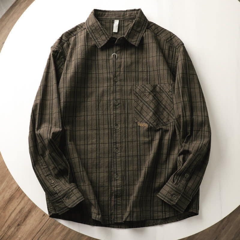Nimara Ritual Fall Commute Embroidery Plaid Pattern Men's Cotton Long Sleeve Shirts With Pocket
