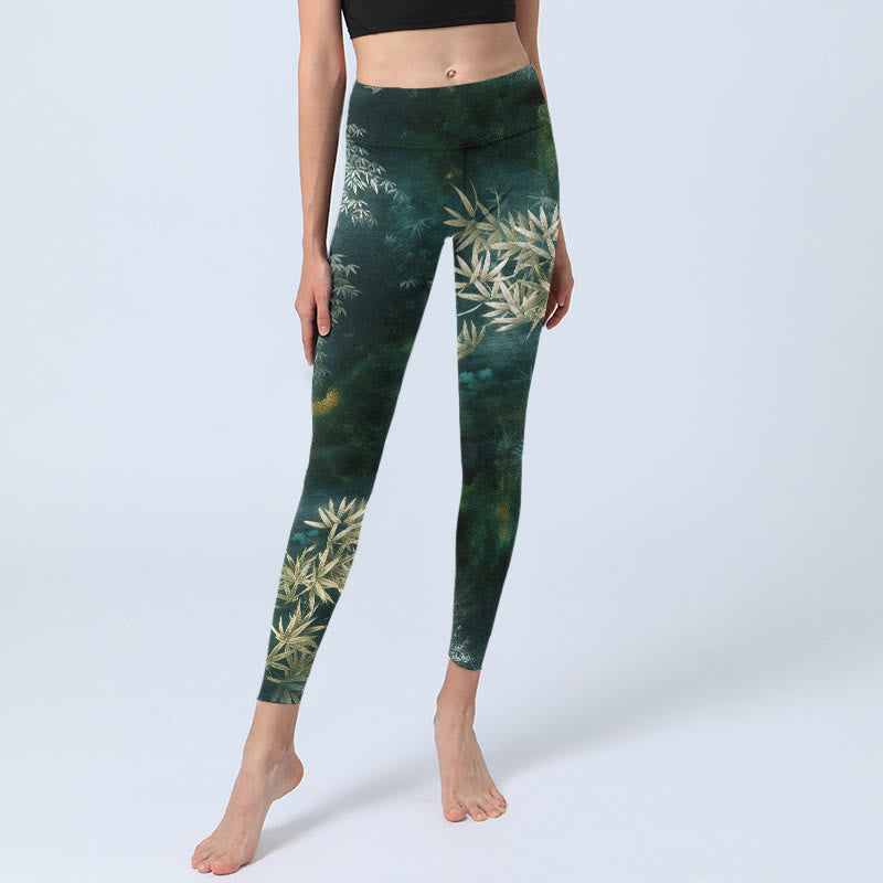 Nimara Ritual Elegant Bamboo Leaf Pattern Print Gym Leggings Women's Yoga Pants