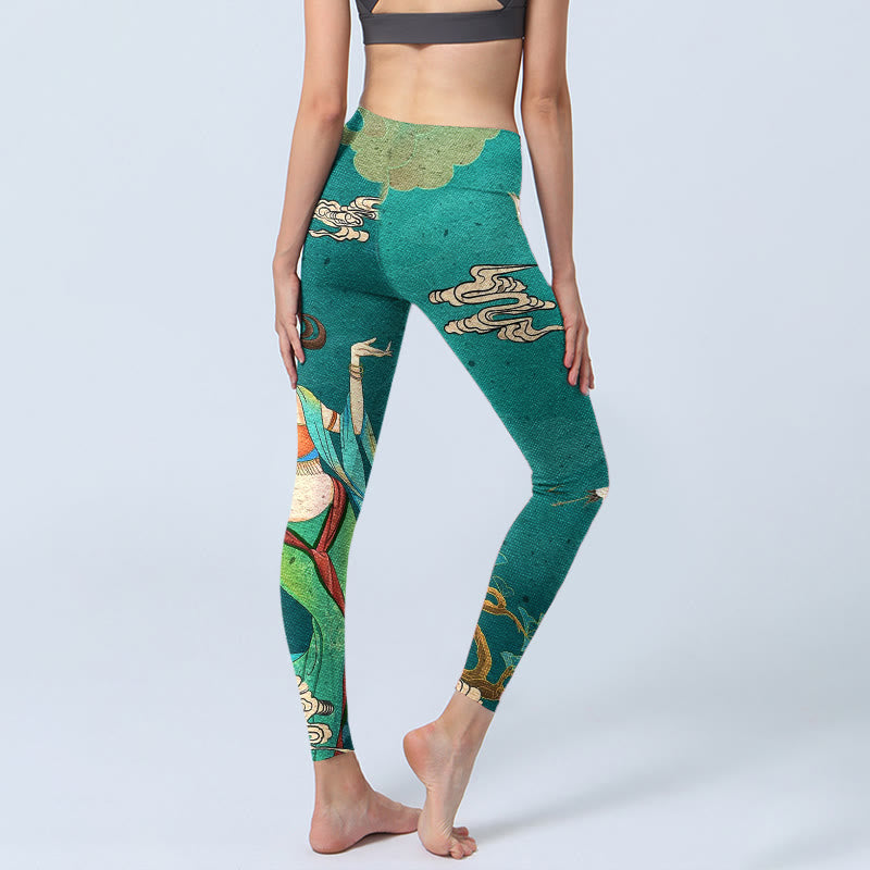 Nimara Ritual Elegant Fairy Crane Cloud Pine Tree Pattern Print Gym Leggings Women's Yoga Pants
