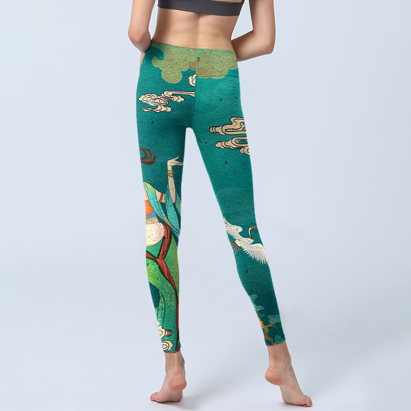 Nimara Ritual Elegant Fairy Crane Cloud Pine Tree Pattern Print Gym Leggings Women's Yoga Pants
