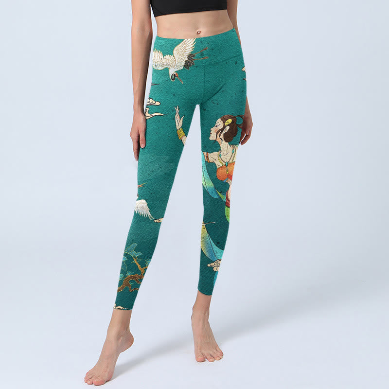 Nimara Ritual Elegant Fairy Crane Cloud Pine Tree Pattern Print Gym Leggings Women's Yoga Pants