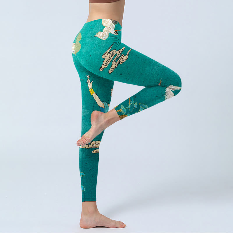 Nimara Ritual Elegant Fairy Crane Cloud Pine Tree Pattern Print Gym Leggings Women's Yoga Pants