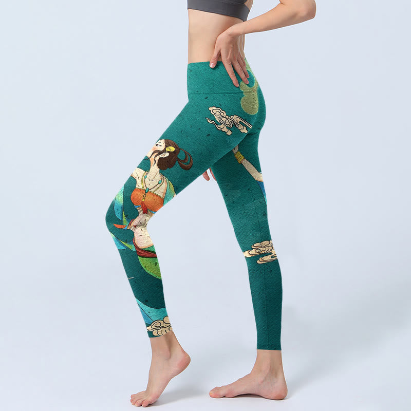Nimara Ritual Elegant Fairy Crane Cloud Pine Tree Pattern Print Gym Leggings Women's Yoga Pants