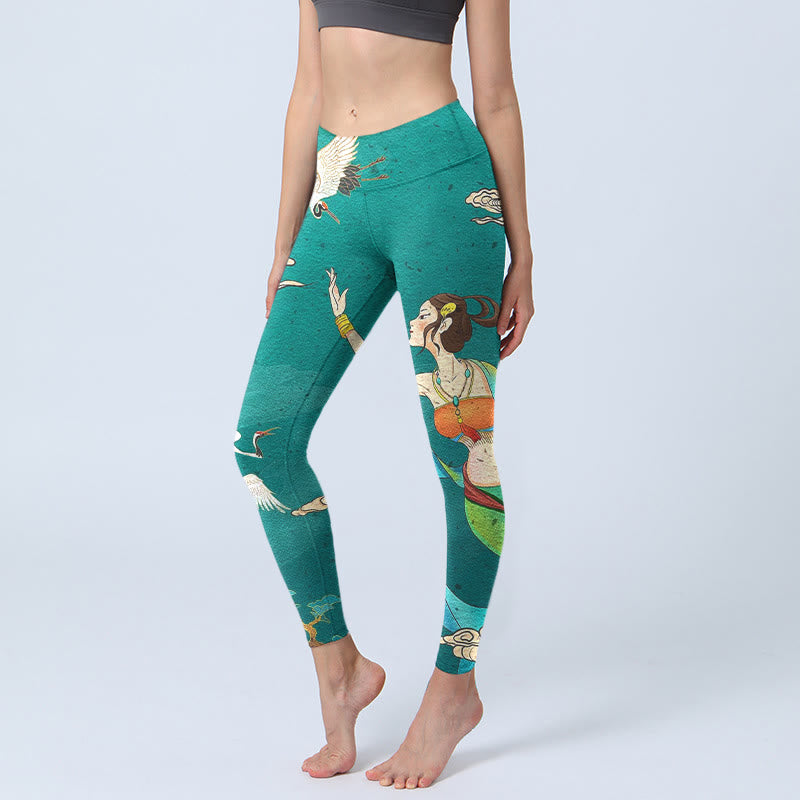 Nimara Ritual Elegant Fairy Crane Cloud Pine Tree Pattern Print Gym Leggings Women's Yoga Pants