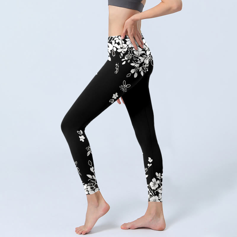 Nimara Ritual Black White Contrast Flower Pattern Print Gym Leggings Women's Yoga Pants