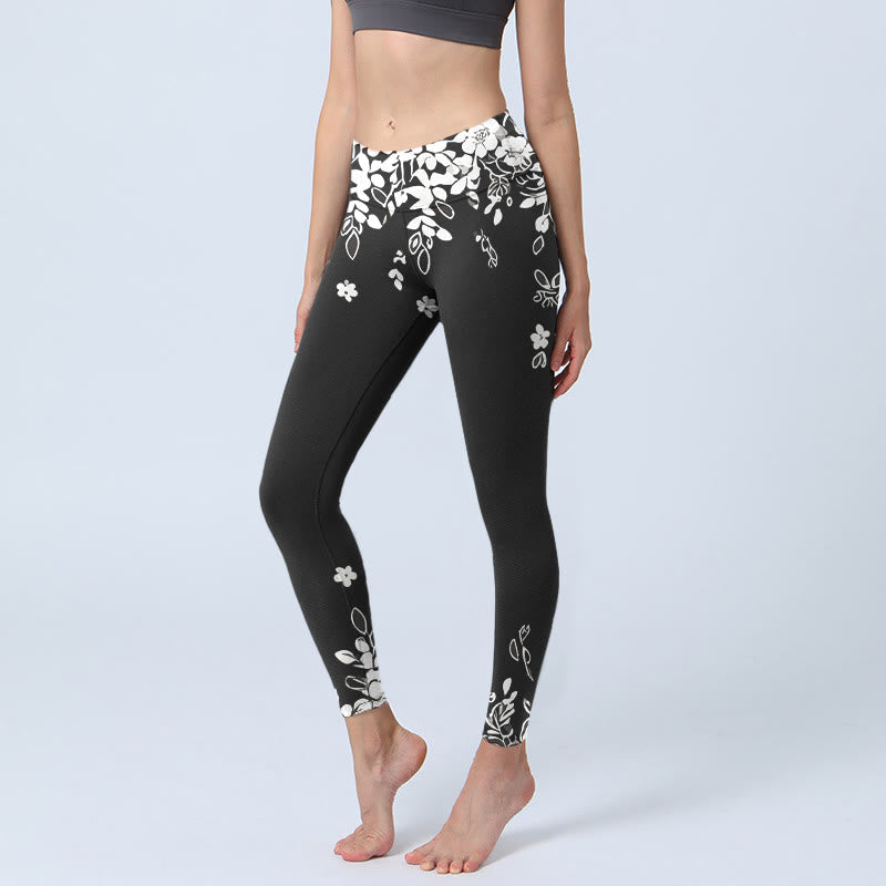Nimara Ritual Black White Contrast Flower Pattern Print Gym Leggings Women's Yoga Pants