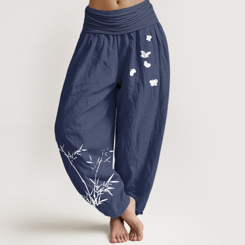 Nimara Ritual Pure Cotton Concise Bamboo Butterfly Pattern Women's Elastic Waist Harem Pants