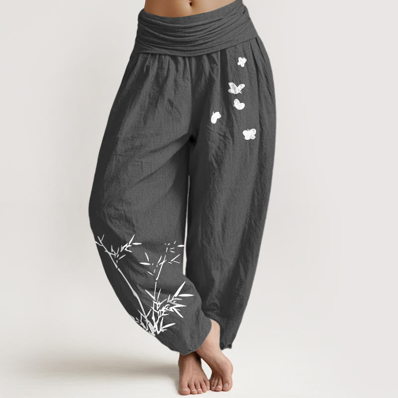 Nimara Ritual Pure Cotton Concise Bamboo Butterfly Pattern Women's Elastic Waist Harem Pants