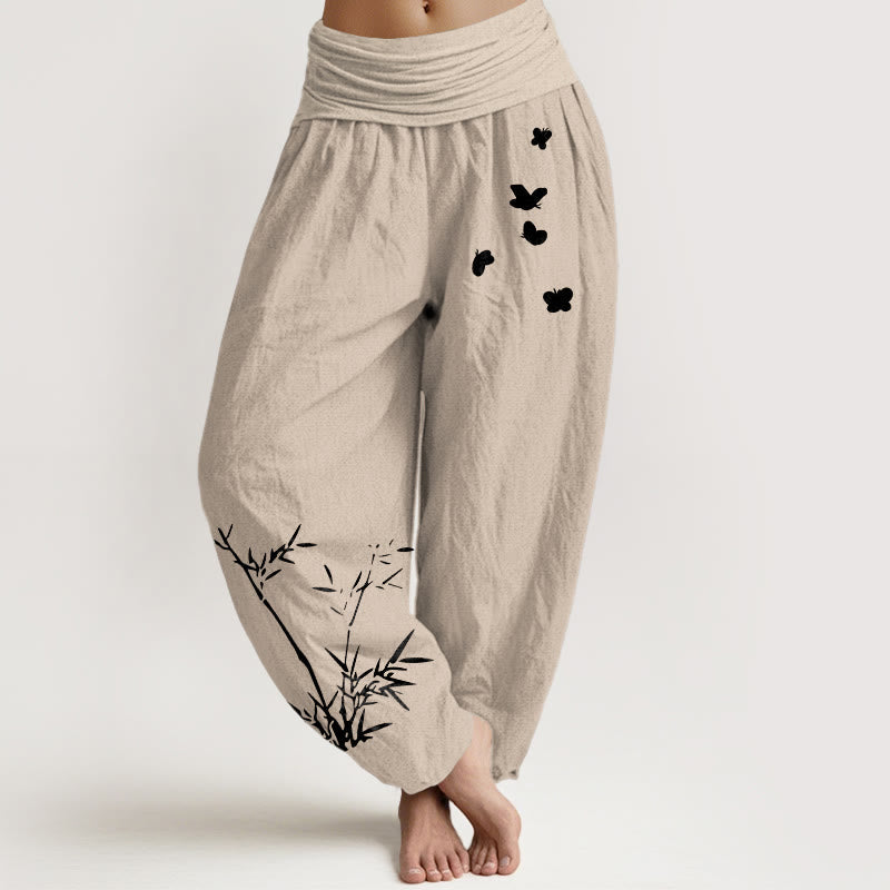 Nimara Ritual Pure Cotton Concise Bamboo Butterfly Pattern Women's Elastic Waist Harem Pants