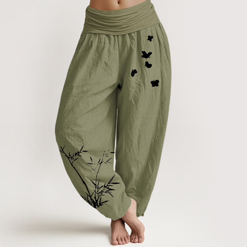 Nimara Ritual Pure Cotton Concise Bamboo Butterfly Pattern Women's Elastic Waist Harem Pants