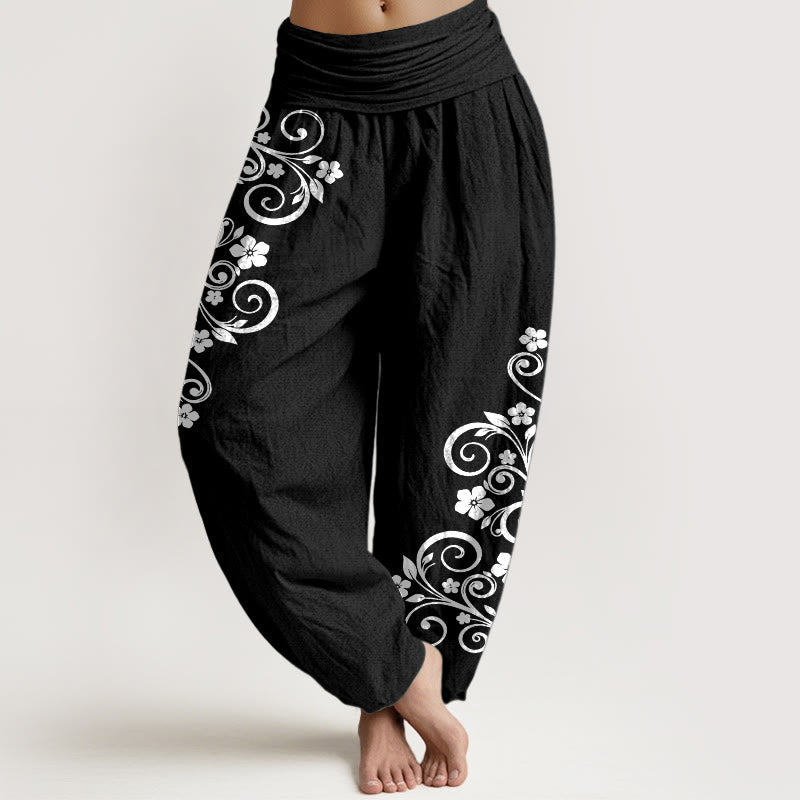 Nimara Ritual Pure Cotton Elegant Vine Flower Pattern Women's Elastic Waist Harem Pants