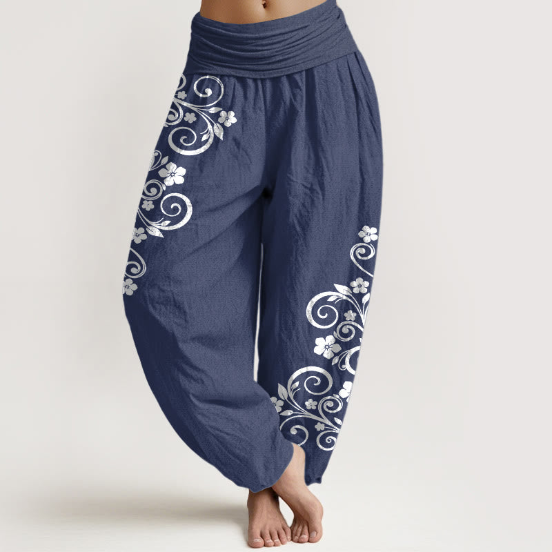 Nimara Ritual Pure Cotton Elegant Vine Flower Pattern Women's Elastic Waist Harem Pants