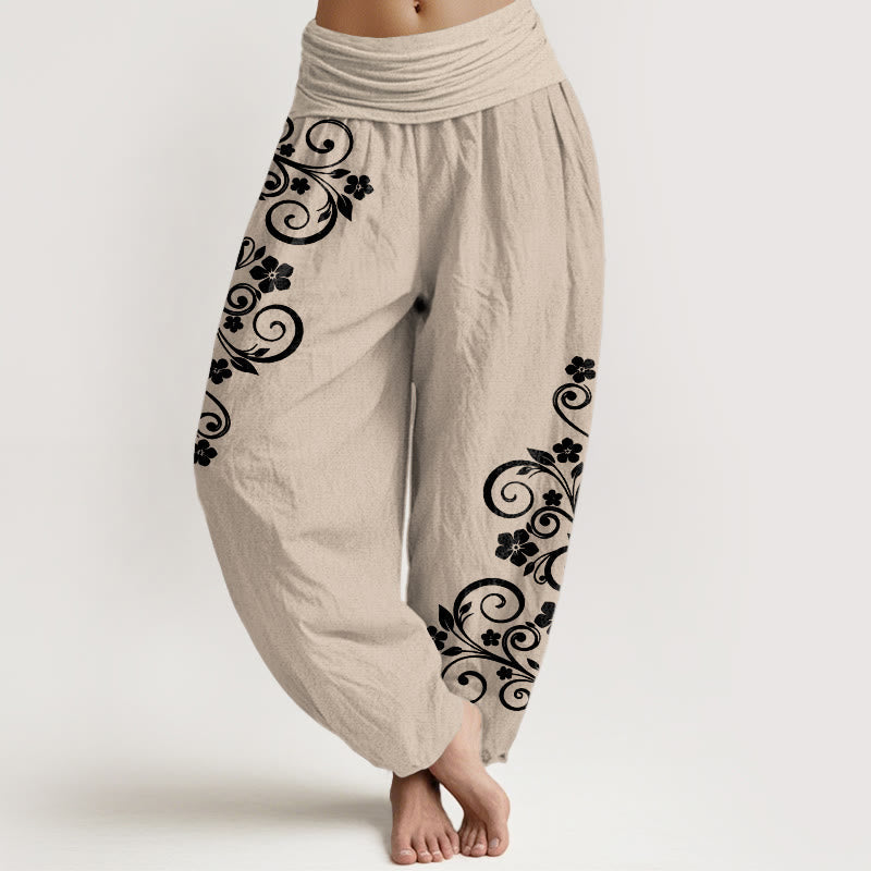 Nimara Ritual Pure Cotton Elegant Vine Flower Pattern Women's Elastic Waist Harem Pants