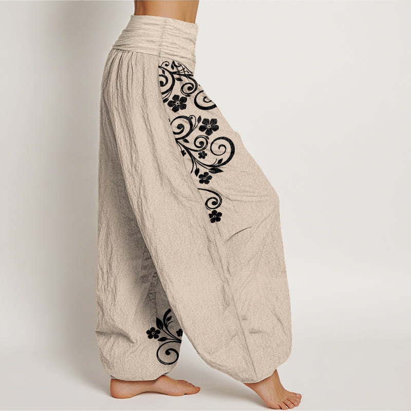Nimara Ritual Pure Cotton Elegant Vine Flower Pattern Women's Elastic Waist Harem Pants